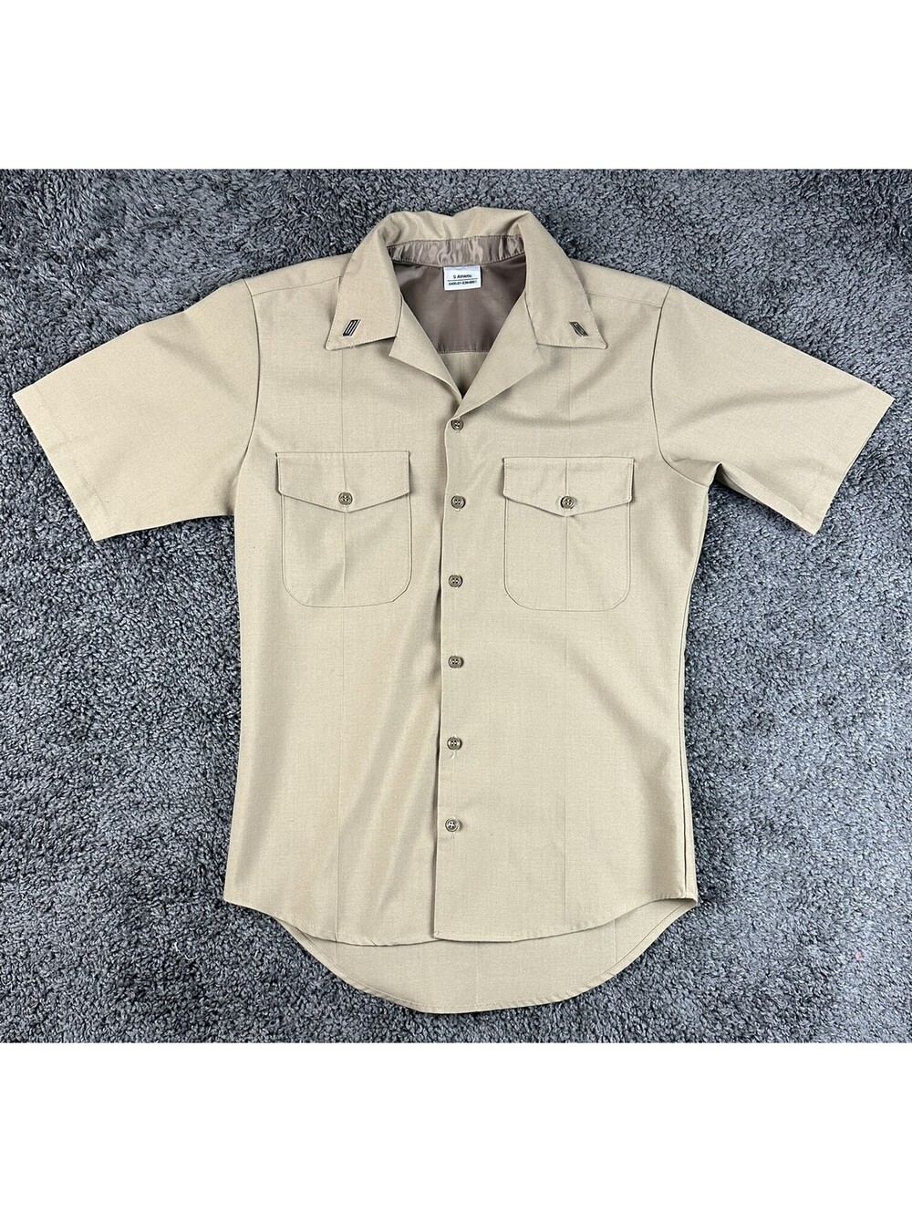 US Navy Khaki Uniform Shirt S Athletic Polyester/Wool Silver Collar Rank Pins